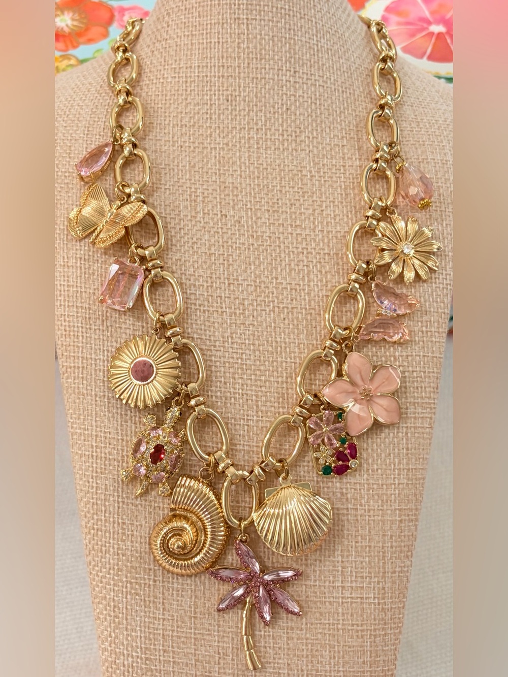NEW Handmade Gold Plated Pink Floral Shell Palm Tree Turtle Charm Necklace 18”